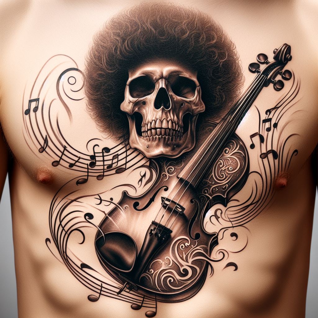 An elegant tattoo featuring musical notes flowing from a violin, intertwining with Brook's jolly roger – a skull wearing an afro, placed along the rib cage. The design should evoke Brook's passion for music and his undead, joyful persona.