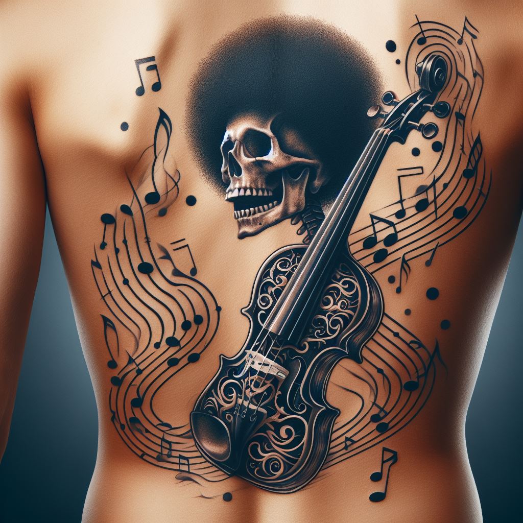 An elegant tattoo featuring musical notes flowing from a violin, intertwining with Brook's jolly roger – a skull wearing an afro, placed along the rib cage. The design should evoke Brook's passion for music and his undead, joyful persona.