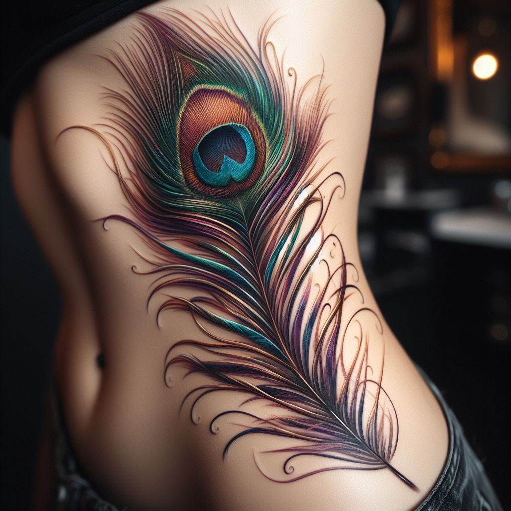 A single, detailed peacock feather tattoo running down the side of a woman's ribs, its vivid colors representing nobility, beauty, and vibrancy.