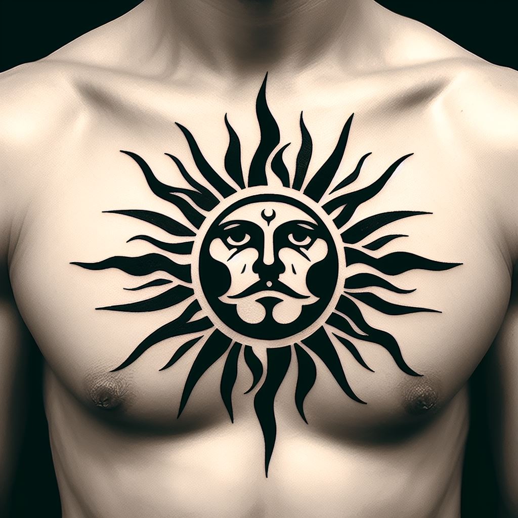 A bold tattoo of the Sun Pirates' symbol, featuring the sun with a stylized pirate face in the center, placed on the chest. The design should represent freedom and equality, with rays of sunlight extending outward, symbolizing hope and a new dawn.