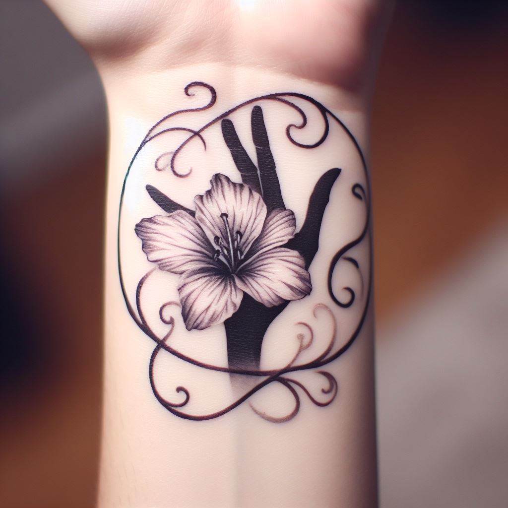 A delicate, intricate tattoo of flower petals swirling around Nico Robin's signature hand gesture, "Fleur," placed around the wrist. The petals should have a soft, watercolor effect, symbolizing Robin's ability to "bloom" anywhere and the beauty of uncovering the truth.
