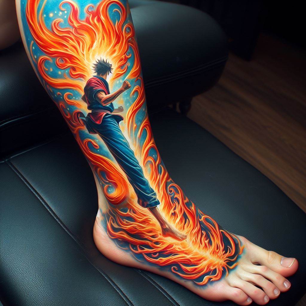 A vibrant tattoo wrapping around the lower leg, depicting Sanji's 'Diable Jambe' technique, with flames spiraling up from the foot to the knee. The flames should have a dynamic, life-like quality, with shades of orange, red, and hints of blue, capturing the heat and intensity of Sanji's powerful kicks.
