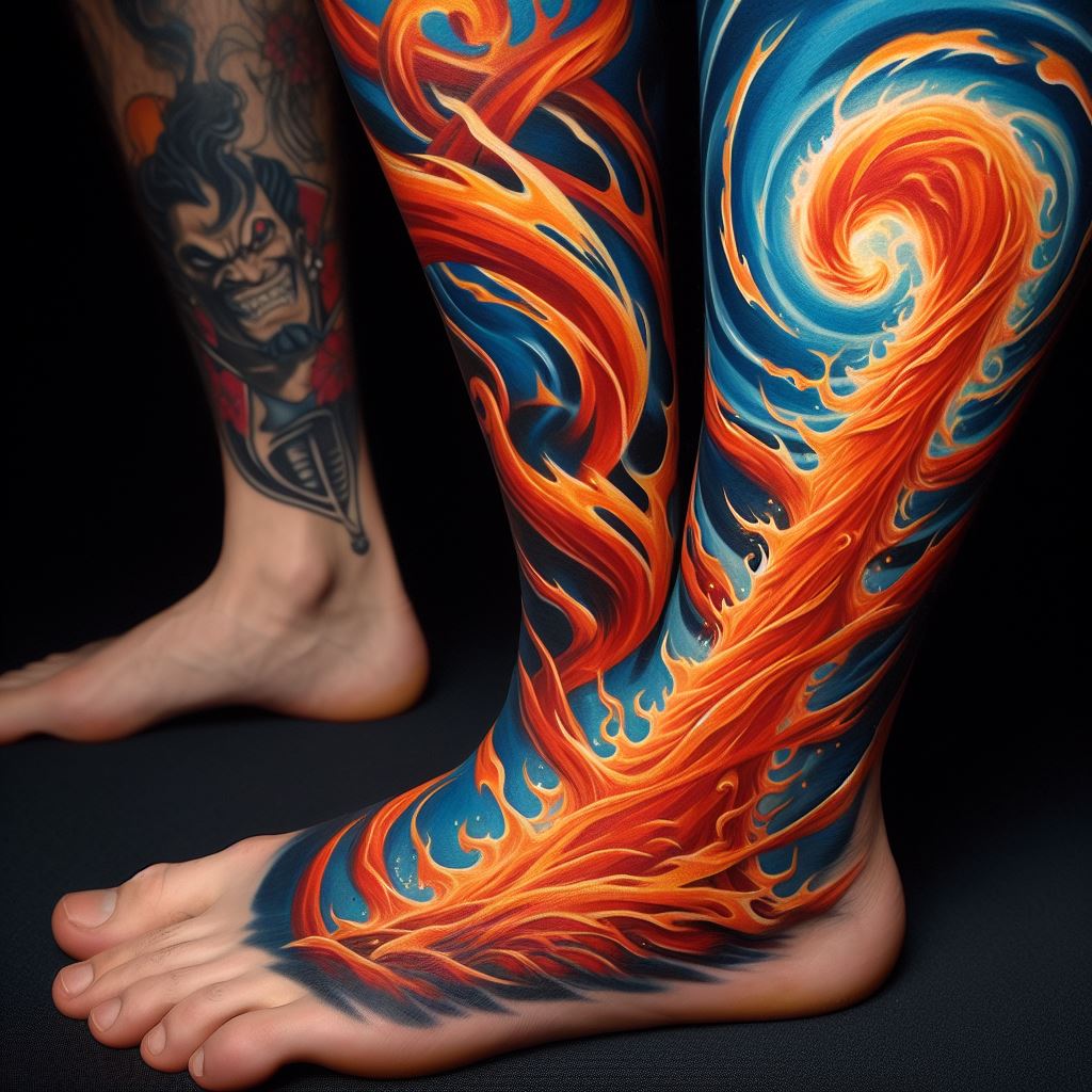 A vibrant tattoo wrapping around the lower leg, depicting Sanji's 'Diable Jambe' technique, with flames spiraling up from the foot to the knee. The flames should have a dynamic, life-like quality, with shades of orange, red, and hints of blue, capturing the heat and intensity of Sanji's powerful kicks.