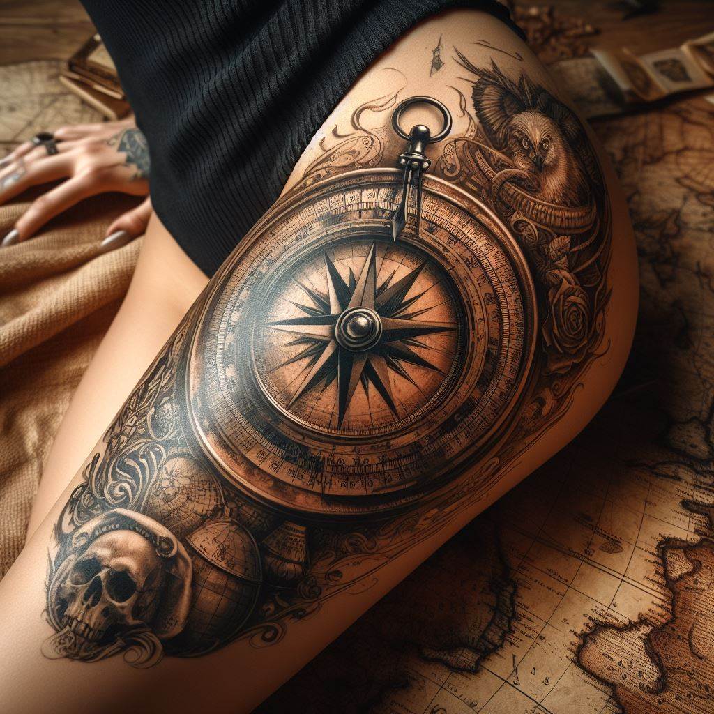 A detailed compass overlaying an old-world map tattooed on a woman's thigh, representing guidance, journey, and a quest for adventure.
