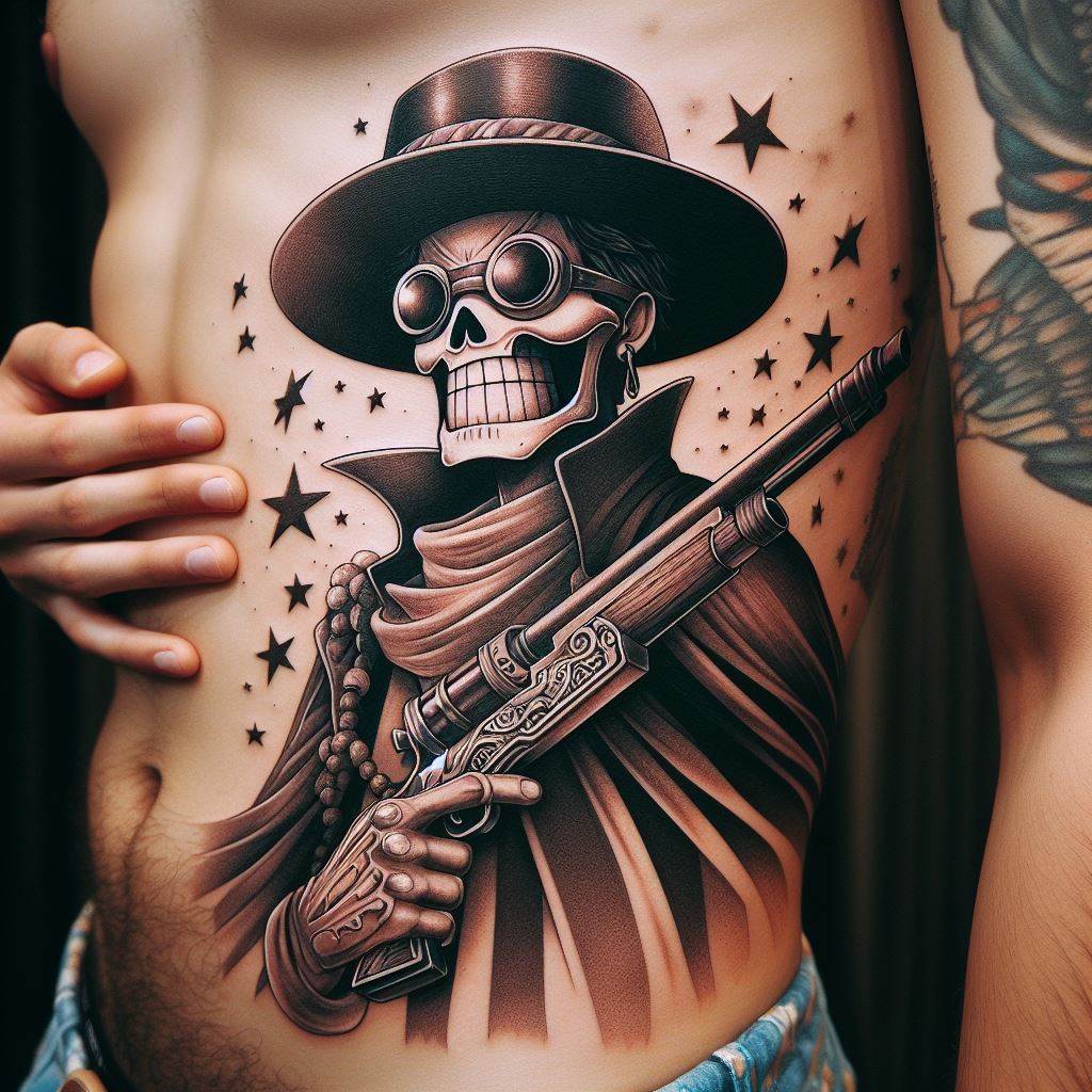 A detailed tattoo of Usopp's alter ego, 'Sniper King,' featuring the mask and long cape, placed on the side of the torso. The design should incorporate elements of bravery and humor, with stars and a slingshot incorporated into the background to symbolize Usopp's sharpshooting skills.