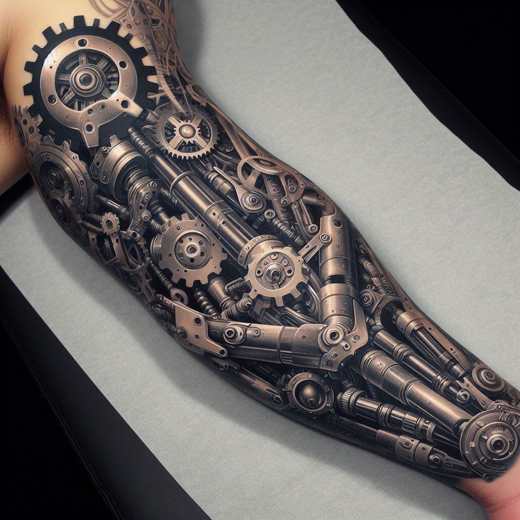 An intricate tattoo mimicking the mechanical details of Franky's cyborg arm, designed to look as if the skin is transforming into machinery on the upper arm. The tattoo should showcase gears, pistons, and metal plating with a slight steampunk aesthetic, representing Franky's engineering prowess.