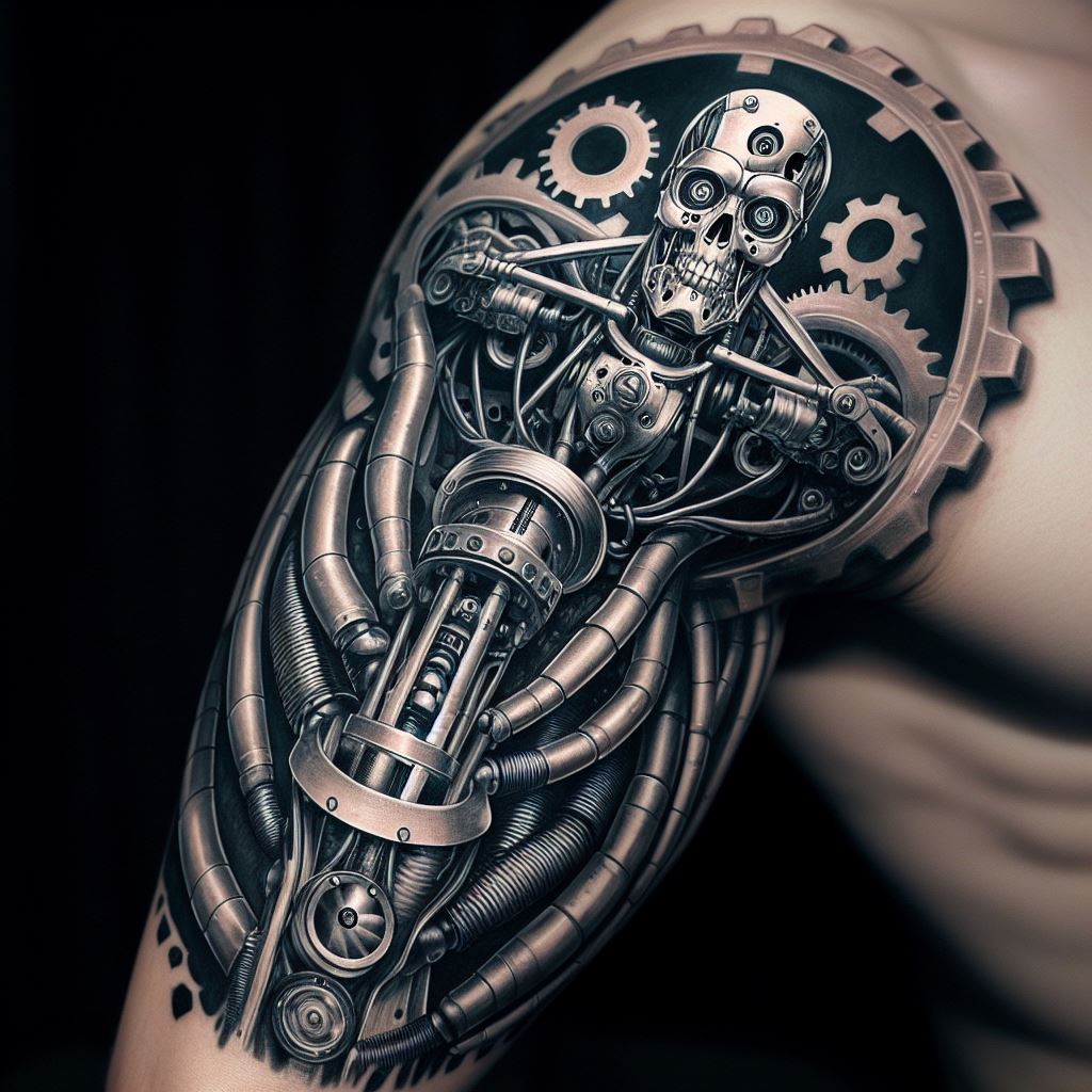 An intricate tattoo mimicking the mechanical details of Franky's cyborg arm, designed to look as if the skin is transforming into machinery on the upper arm. The tattoo should showcase gears, pistons, and metal plating with a slight steampunk aesthetic, representing Franky's engineering prowess.