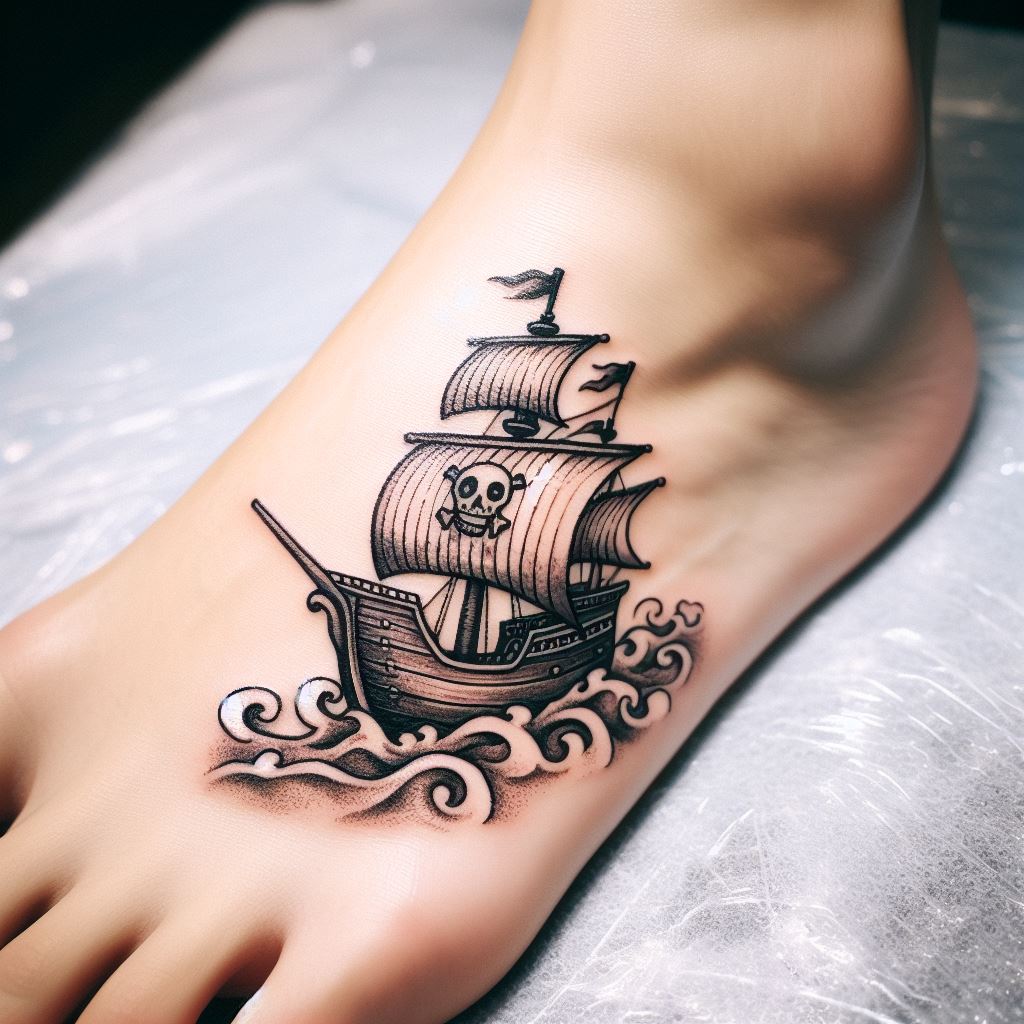 A small, detailed tattoo of the Straw Hat Pirates' second ship, the Thousand Sunny, placed on the top of the foot. The design should capture the ship's cheerful appearance, complete with its lion figurehead and a wave-like pattern around it to suggest its journey across the seas.