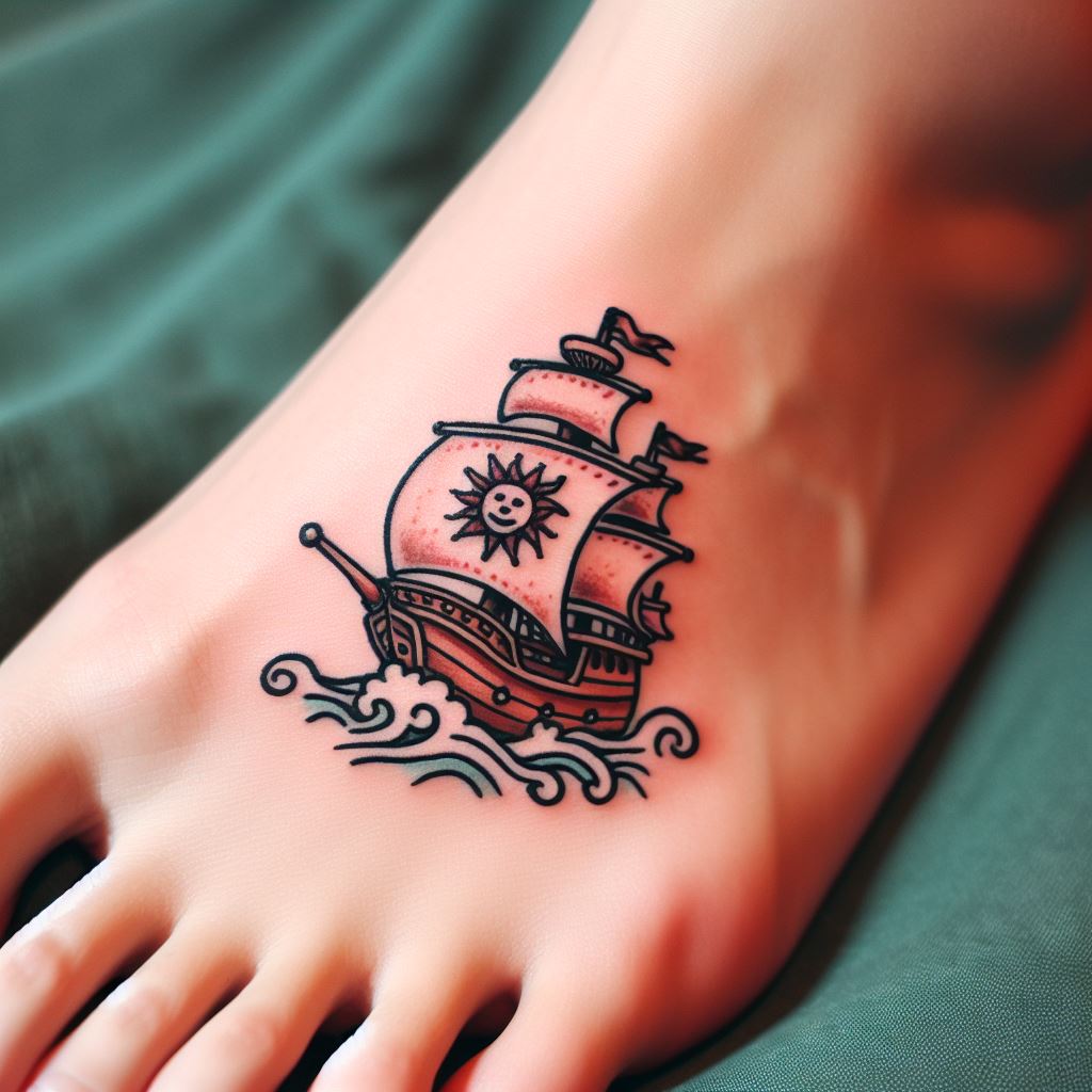 A small, detailed tattoo of the Straw Hat Pirates' second ship, the Thousand Sunny, placed on the top of the foot. The design should capture the ship's cheerful appearance, complete with its lion figurehead and a wave-like pattern around it to suggest its journey across the seas.