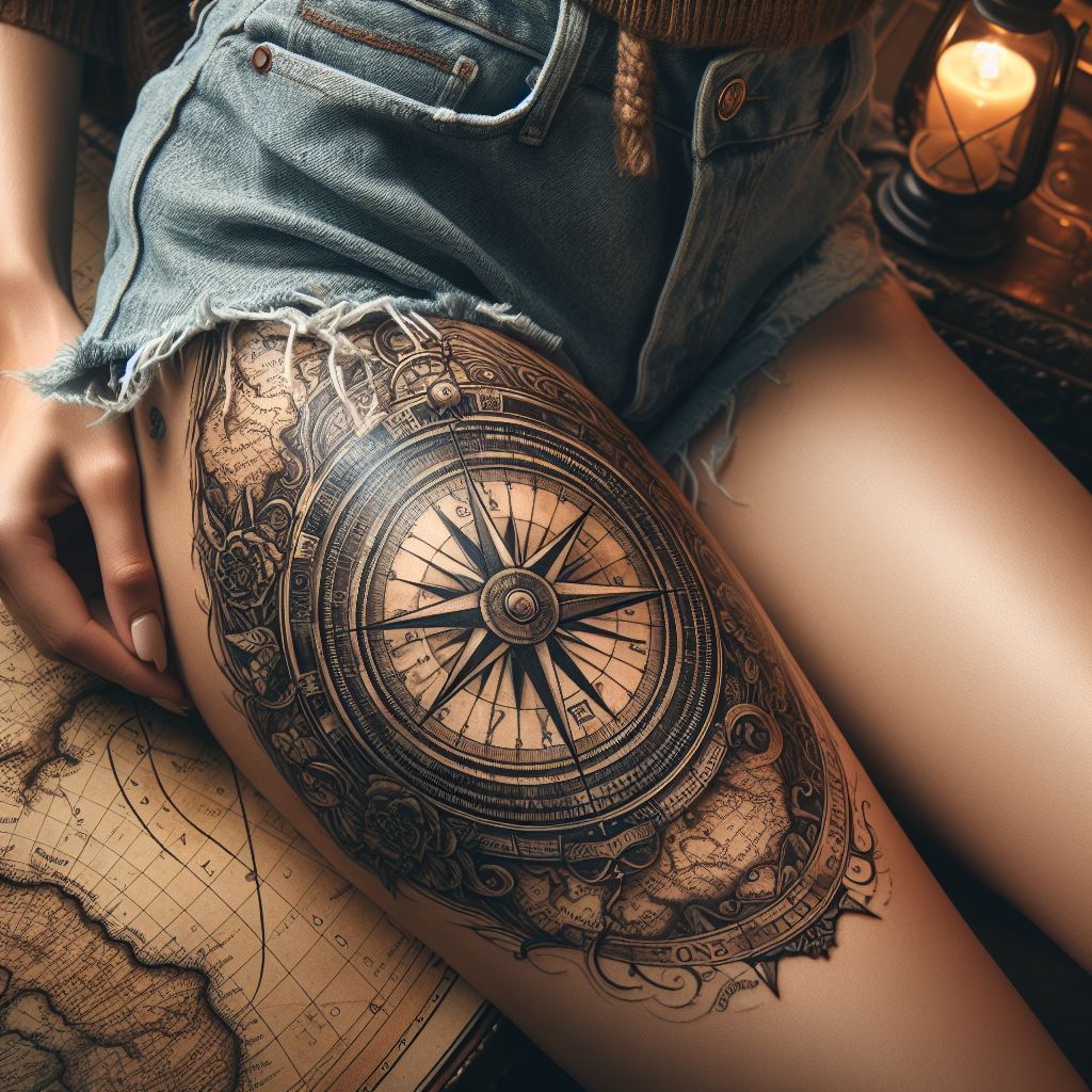 A detailed compass overlaying an old-world map tattooed on a woman's thigh, representing guidance, journey, and a quest for adventure.
