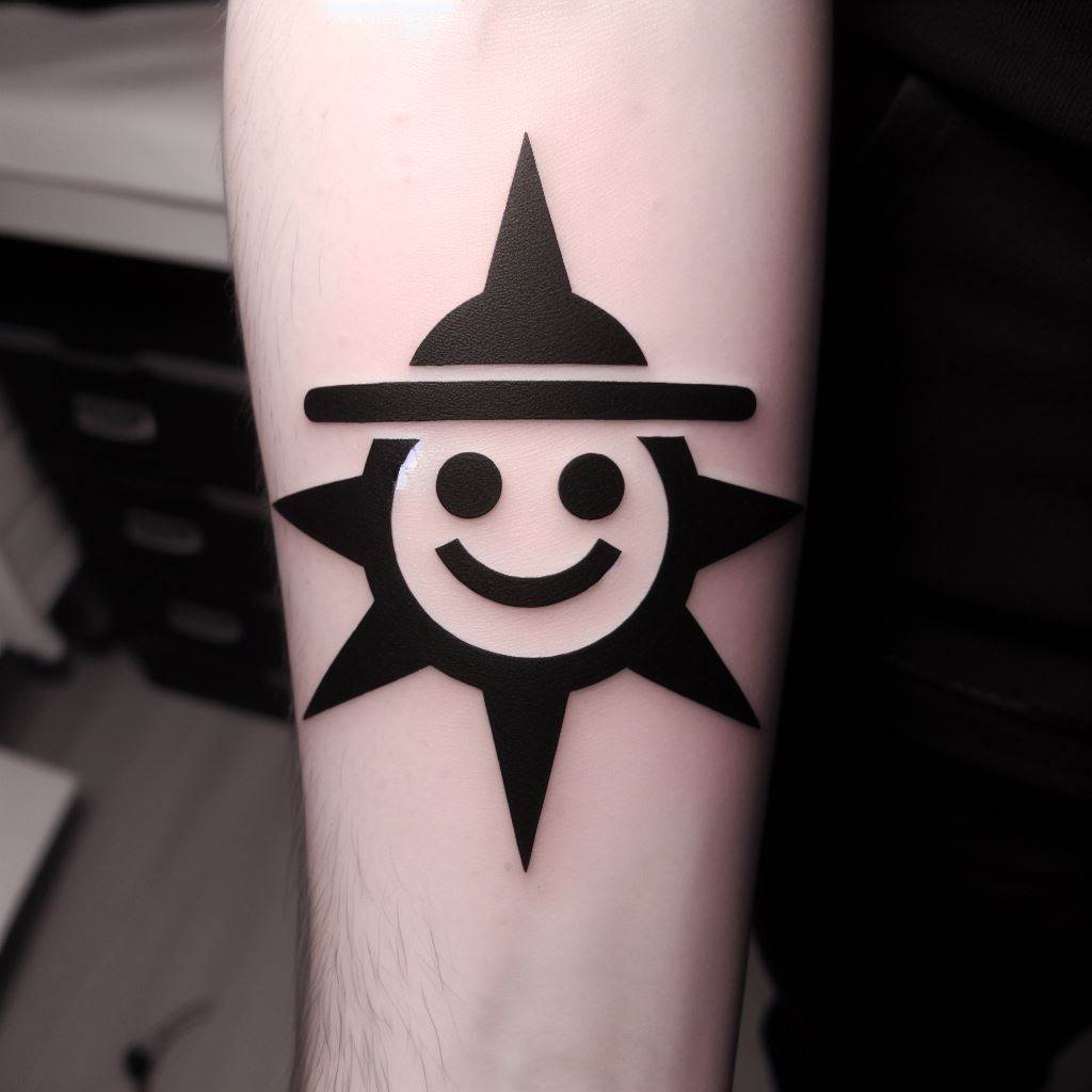 A striking tattoo of Trafalgar Law's 'Ope Ope no Mi' devil fruit symbol, a simple smiley face with a hat, surrounded by a six-pointed star, placed on the forearm. The design should have a clean, minimalist style, symbolizing Law's mysterious and powerful nature.