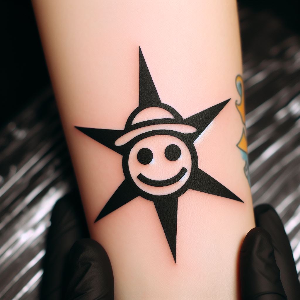 A striking tattoo of Trafalgar Law's 'Ope Ope no Mi' devil fruit symbol, a simple smiley face with a hat, surrounded by a six-pointed star, placed on the forearm. The design should have a clean, minimalist style, symbolizing Law's mysterious and powerful nature.