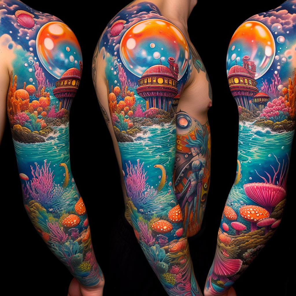A full sleeve tattoo inspired by Fish-Man Island, featuring vibrant coral reefs, mermaids, and the island's signature bubble-like architecture. The design should be a colorful, underwater scene that wraps around the arm, celebrating the diversity and beauty of the ocean depths explored in 'One Piece.'