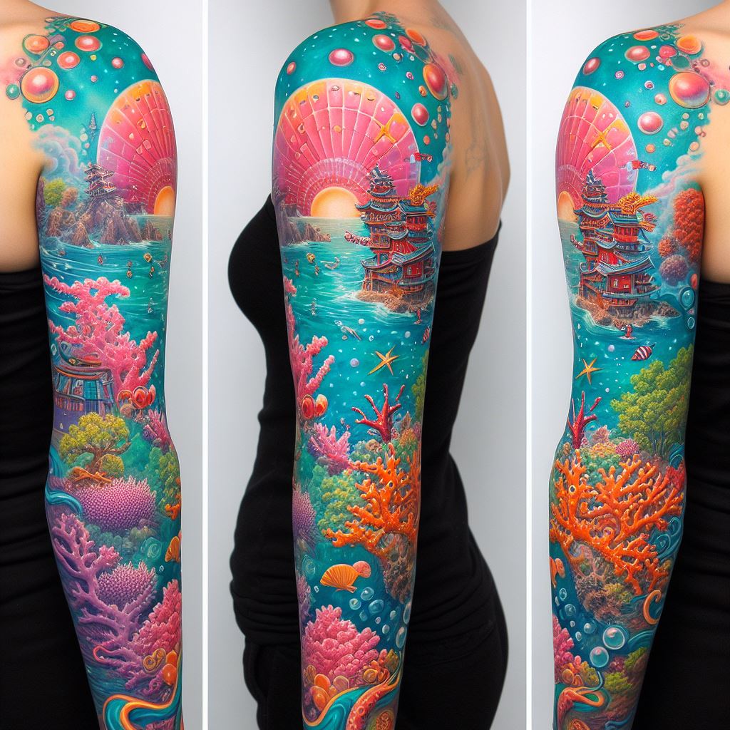 A full sleeve tattoo inspired by Fish-Man Island, featuring vibrant coral reefs, mermaids, and the island's signature bubble-like architecture. The design should be a colorful, underwater scene that wraps around the arm, celebrating the diversity and beauty of the ocean depths explored in 'One Piece.'