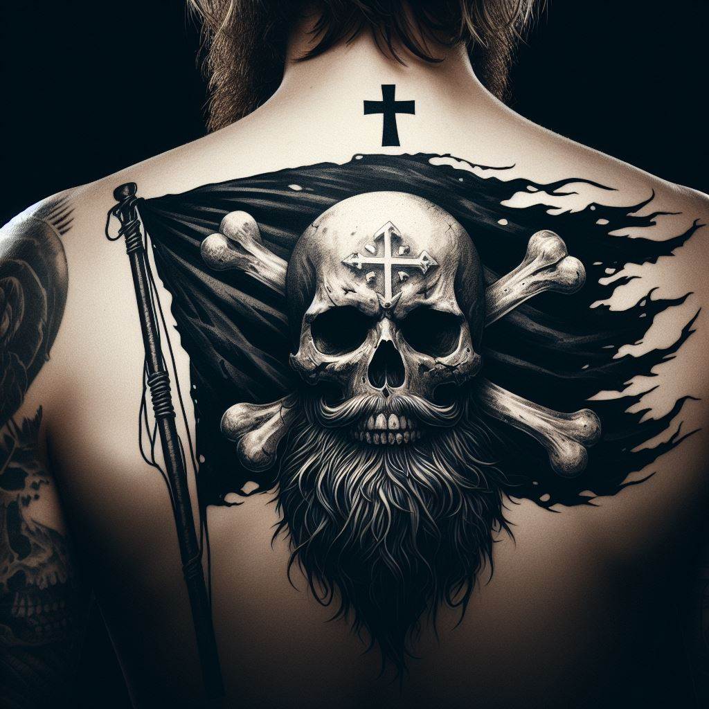 A large, imposing tattoo of Whitebeard's flag, featuring the skull with a mustache and a cross behind it, placed on the back shoulder. The design should convey strength and loyalty, with the flag's tattered edges suggesting battles fought and the enduring spirit of the Whitebeard Pirates.