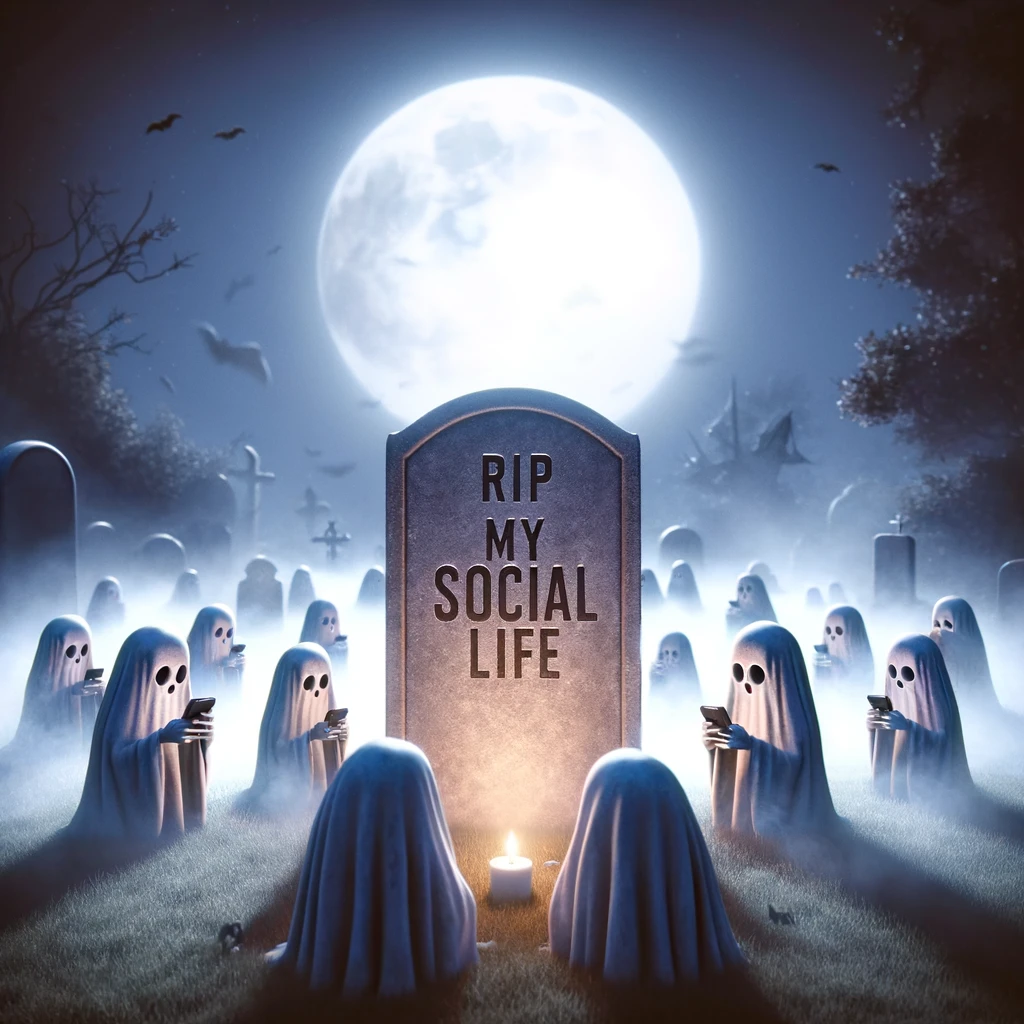 A graveyard at dusk with an eerie, fog-covered atmosphere. In the foreground, a tombstone reads "RIP My Social Life" with a small group of ghosts hovering nearby, looking down at their phones, ignoring each other. The moon is full, casting a soft glow over the scene, highlighting the spooky yet humorous juxtaposition of the modern and the eternal.