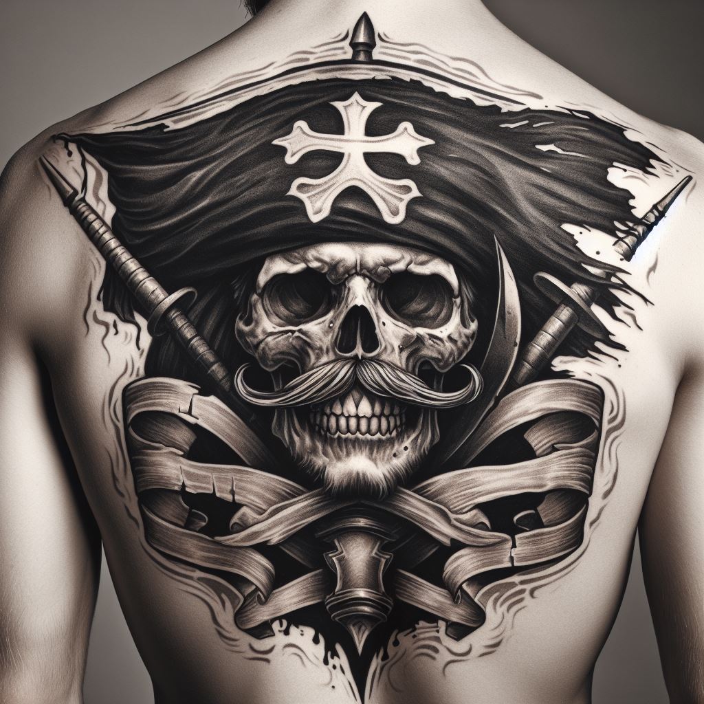 A large, imposing tattoo of Whitebeard's flag, featuring the skull with a mustache and a cross behind it, placed on the back shoulder. The design should convey strength and loyalty, with the flag's tattered edges suggesting battles fought and the enduring spirit of the Whitebeard Pirates.