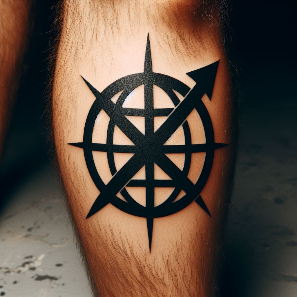 A bold tattoo of the Revolutionary Army's symbol, a crossed out World Government symbol, placed on the calf. The design should have a rebellious edge, with sharp lines and a stark contrast, representing the fight against tyranny and the pursuit of freedom.