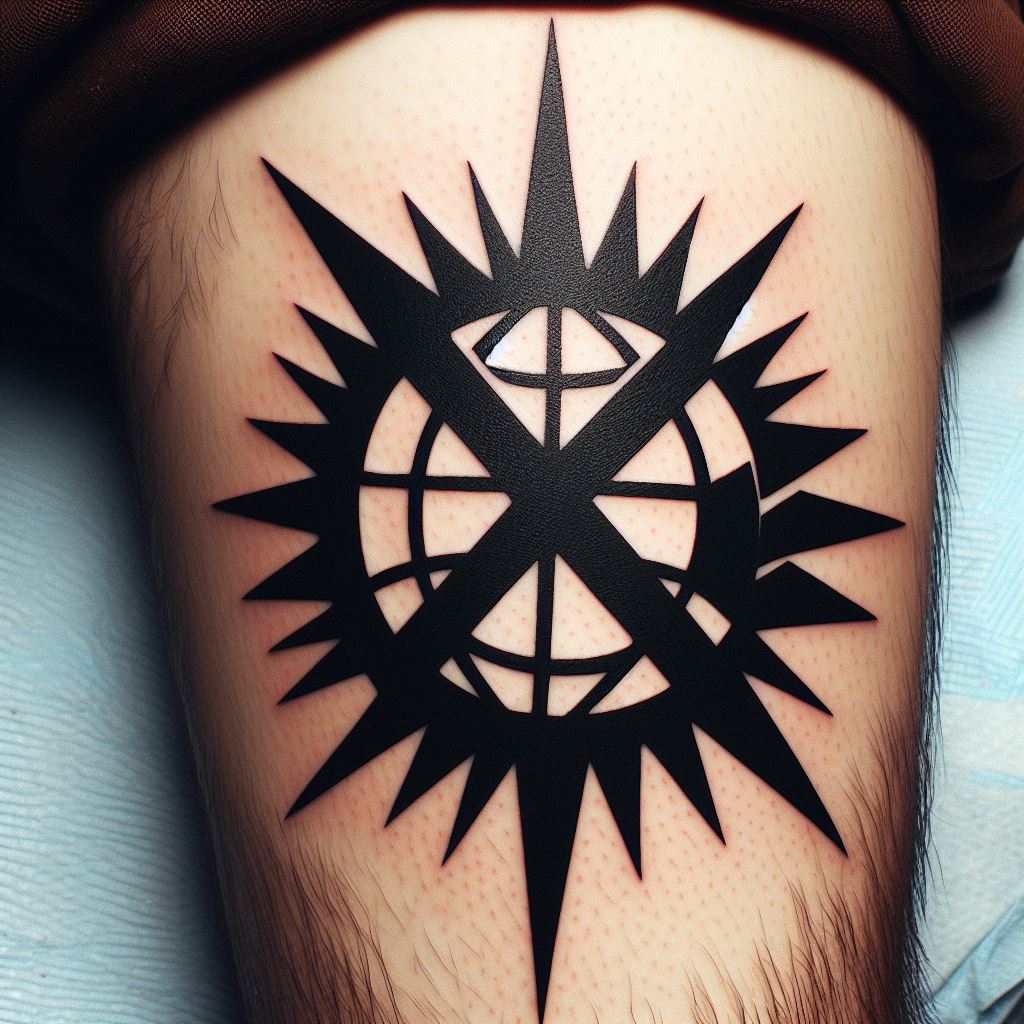 A bold tattoo of the Revolutionary Army's symbol, a crossed out World Government symbol, placed on the calf. The design should have a rebellious edge, with sharp lines and a stark contrast, representing the fight against tyranny and the pursuit of freedom.