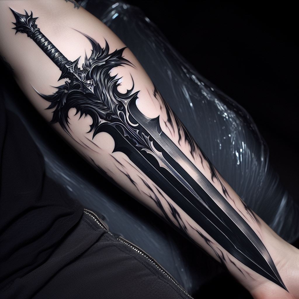 A detailed, realistic tattoo of Dracule Mihawk's Yoru, the black blade, with its intricate hilt and massive size, stretching along the forearm. The tattoo should capture the sword's elegance and the ominous aura it emits, symbolizing unparalleled skill in swordsmanship.