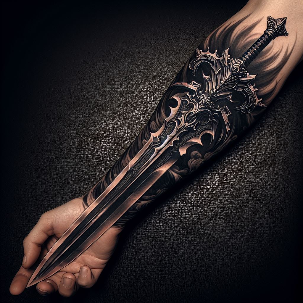 A detailed, realistic tattoo of Dracule Mihawk's Yoru, the black blade, with its intricate hilt and massive size, stretching along the forearm. The tattoo should capture the sword's elegance and the ominous aura it emits, symbolizing unparalleled skill in swordsmanship.