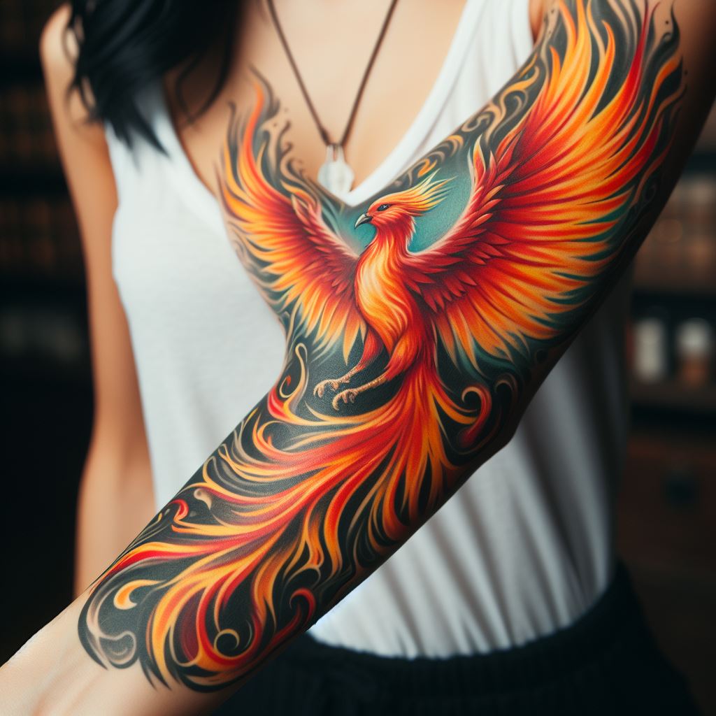 A vibrant phoenix in flight tattooed on a woman's forearm, its flames in shades of orange, red, and yellow, symbolizing rebirth and resilience.
