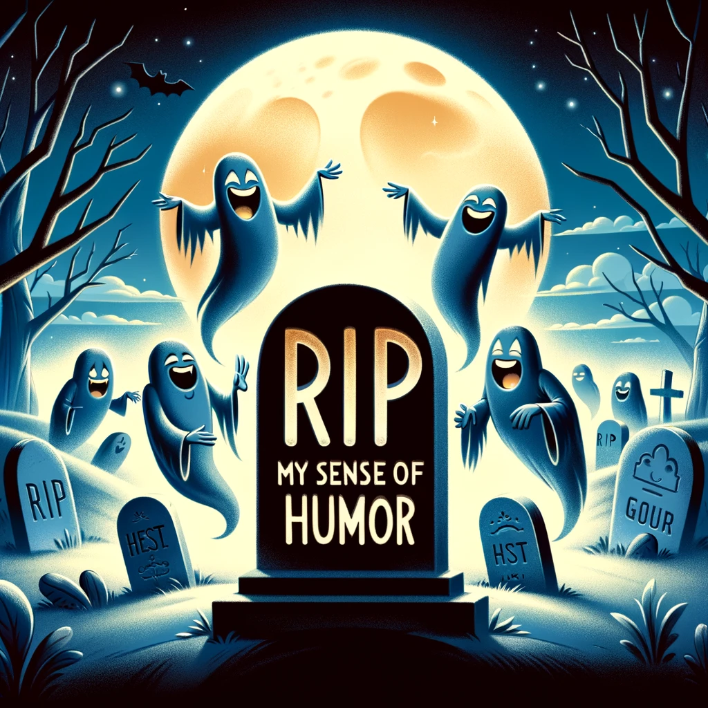 A lighthearted graveyard scene where a tombstone jests "RIP: My Sense of Humor." Spirits are shown sharing jokes and bursting into laughter, creating an atmosphere of joy amidst the somber setting. The scene is set under a glowing moon that seems to smile down on the jovial spirits, casting a warm light over the gravestones. This playful depiction of the afterlife challenges the traditional solemnity of graveyards, suggesting that laughter and humor transcend even in death.