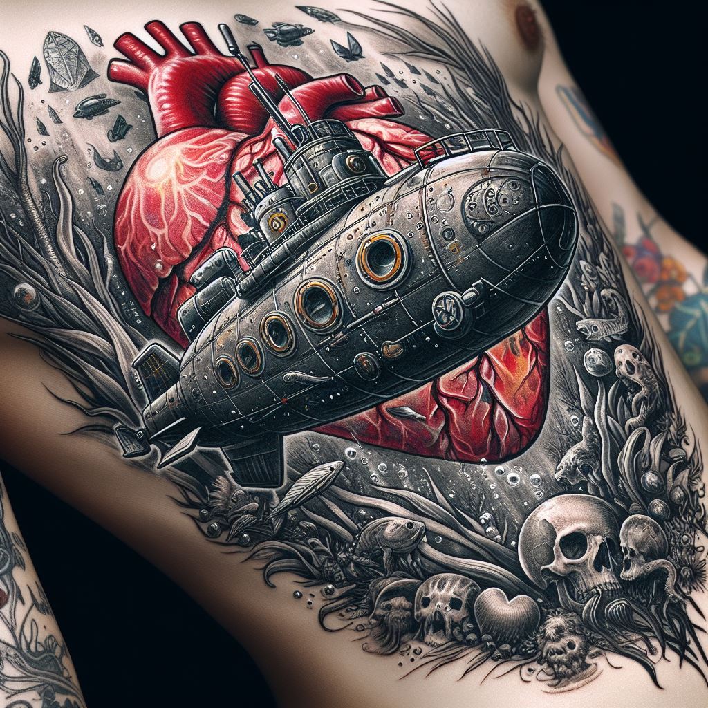 An artistic rendition of the Heart Pirates' submarine, swimming amongst sea creatures and undersea flora on the ribcage. This tattoo should blend elements of adventure and mystery, capturing the deep-sea explorations of Trafalgar Law and his crew with a touch of steampunk design.