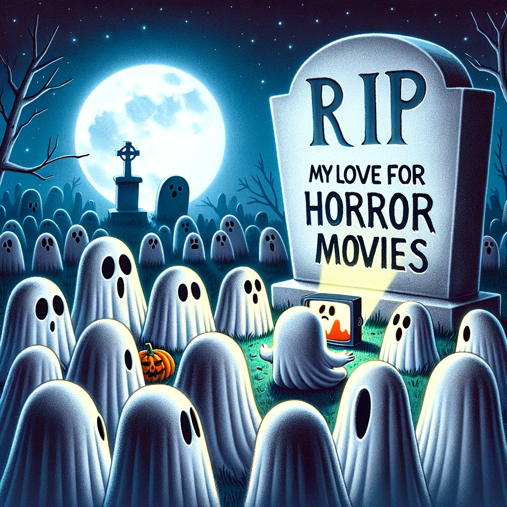 A whimsical graveyard scene where a tombstone humorously declares "RIP: My Love for Horror Movies." Ghosts are depicted gathering around a large, spectral screen, watching a scary movie together, some hiding behind others in fright. The ironic setting of ghosts being scared by horror films, under the eerie glow of the moonlight, adds a playful twist to the fear factor usually associated with graveyards and ghost stories.