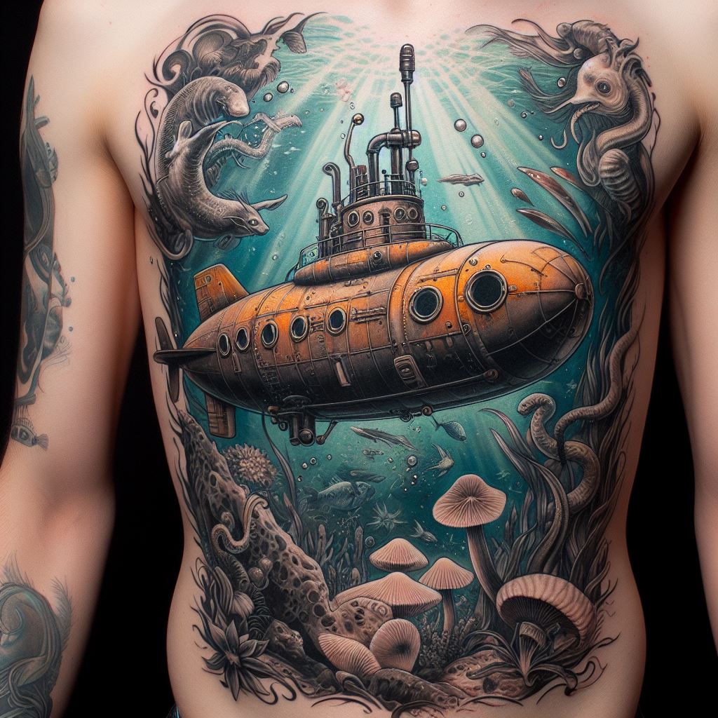 An artistic rendition of the Heart Pirates' submarine, swimming amongst sea creatures and undersea flora on the ribcage. This tattoo should blend elements of adventure and mystery, capturing the deep-sea explorations of Trafalgar Law and his crew with a touch of steampunk design.