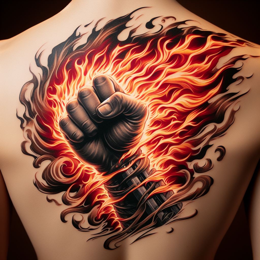 A dynamic tattoo featuring Sabo's Dragon Claw fist engulfed in flames, positioned on the upper back. The design should emphasize the power and resolve behind the revolutionary's fight for freedom, with the flames artistically rendered to look like they're flickering and alive.