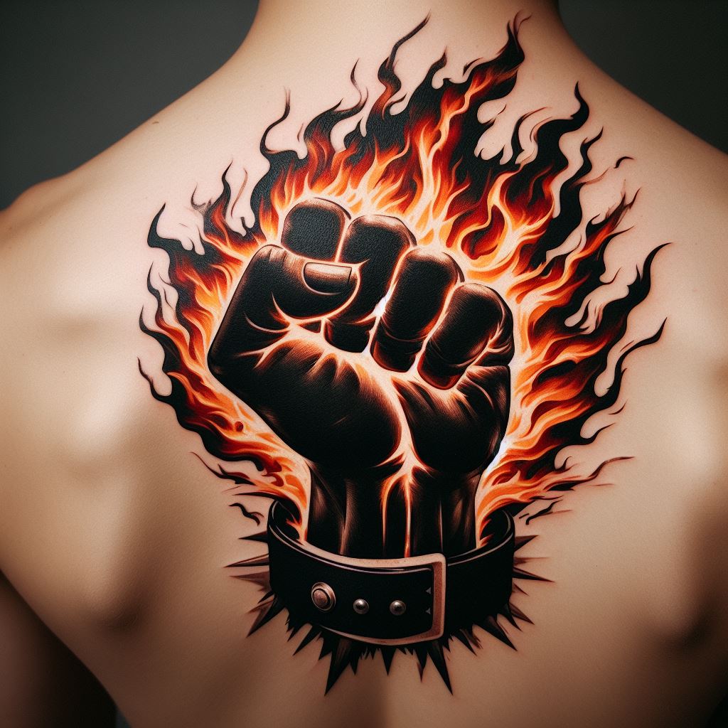 A dynamic tattoo featuring Sabo's Dragon Claw fist engulfed in flames, positioned on the upper back. The design should emphasize the power and resolve behind the revolutionary's fight for freedom, with the flames artistically rendered to look like they're flickering and alive.