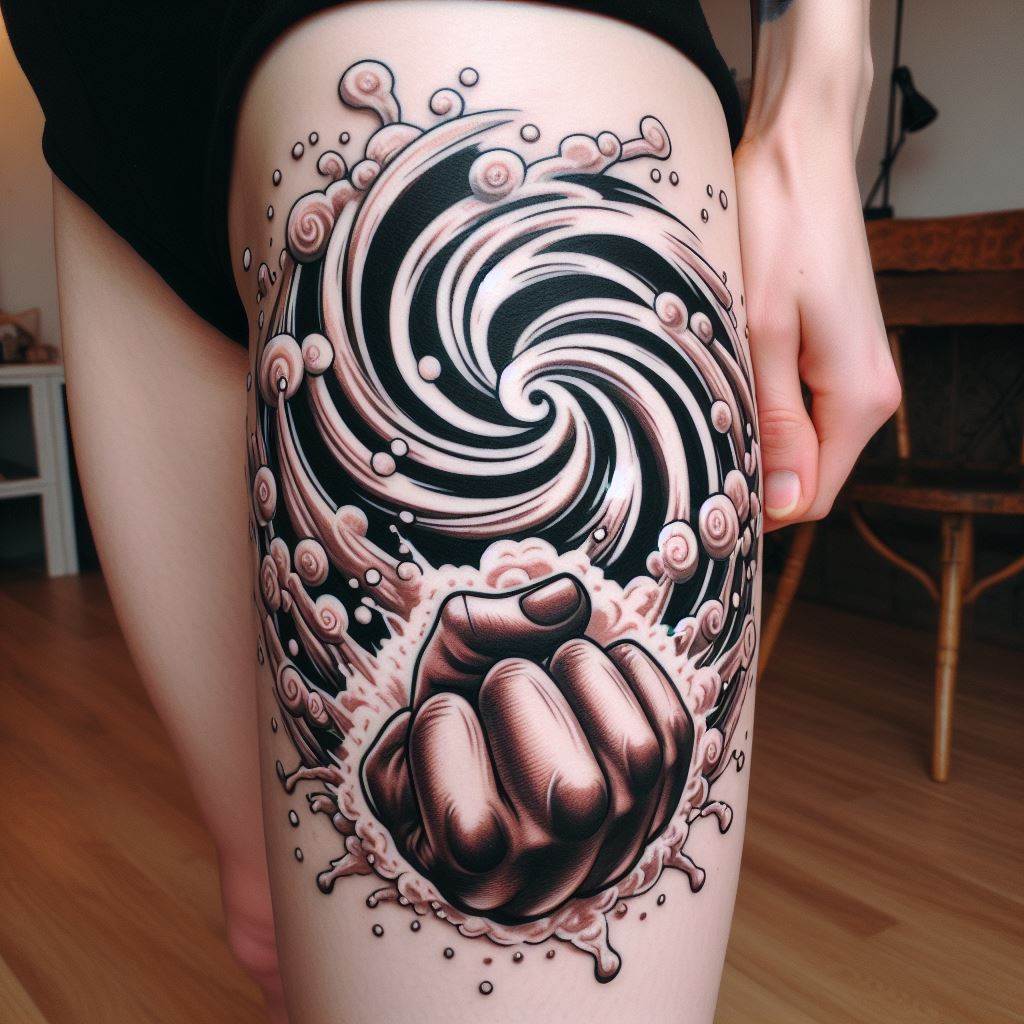 A creative tattoo showcasing Charlotte Katakuri's Mochi Mochi no Mi powers, with mochi spirals and fists extending across the thigh. The tattoo should have a fluid, dynamic appearance, illustrating the versatility and strength of Katakuri's devil fruit abilities.