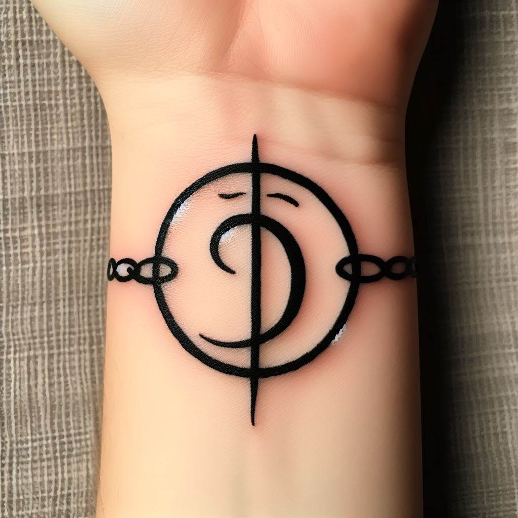 A simple yet profound tattoo of the letter "D" in an ancient script, encircled by a chain, symbolizing the mysterious "Will of D," placed on the wrist. This design should look as though it carries centuries of history, representing the unbreakable spirit and destiny shared by those who bear this initial.