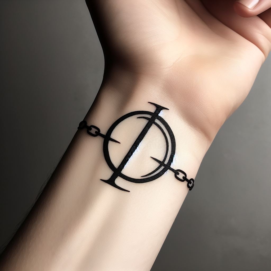 A simple yet profound tattoo of the letter "D" in an ancient script, encircled by a chain, symbolizing the mysterious "Will of D," placed on the wrist. This design should look as though it carries centuries of history, representing the unbreakable spirit and destiny shared by those who bear this initial.