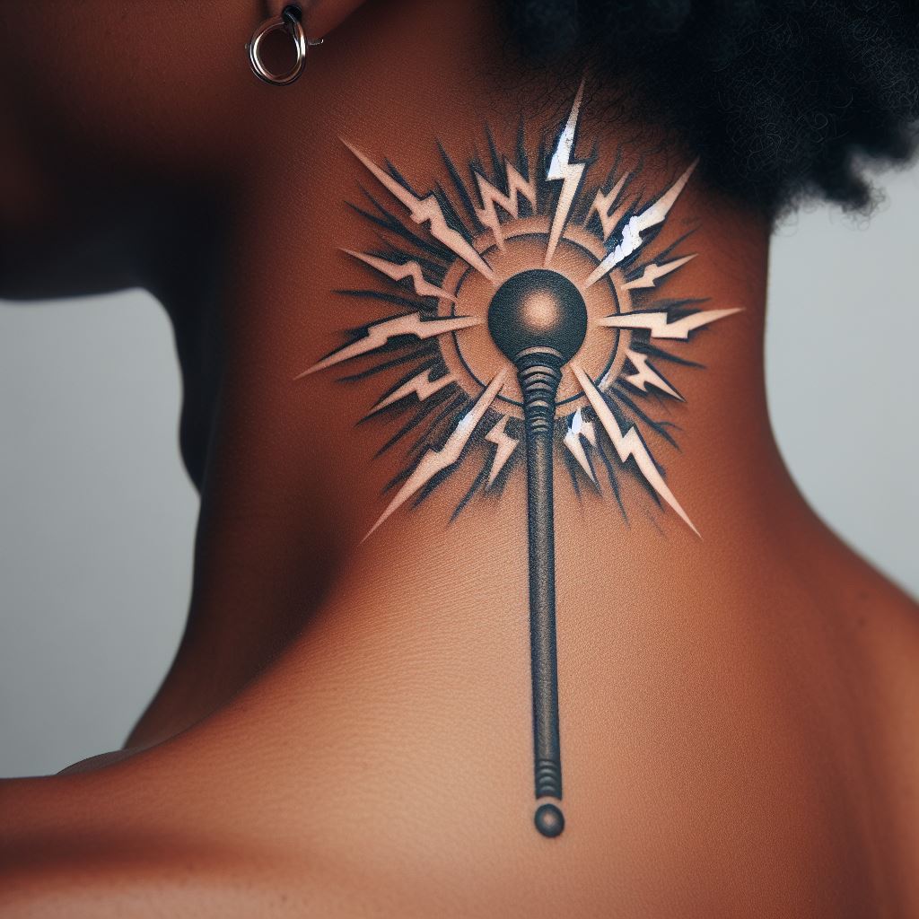 A small, intricate tattoo of Enel's Raijin drumsticks, symbolizing his god-like power over lightning, placed subtly on the side of the neck. The design should convey a sense of divine power and the electrifying presence of Enel as the self-proclaimed God of Skypiea.