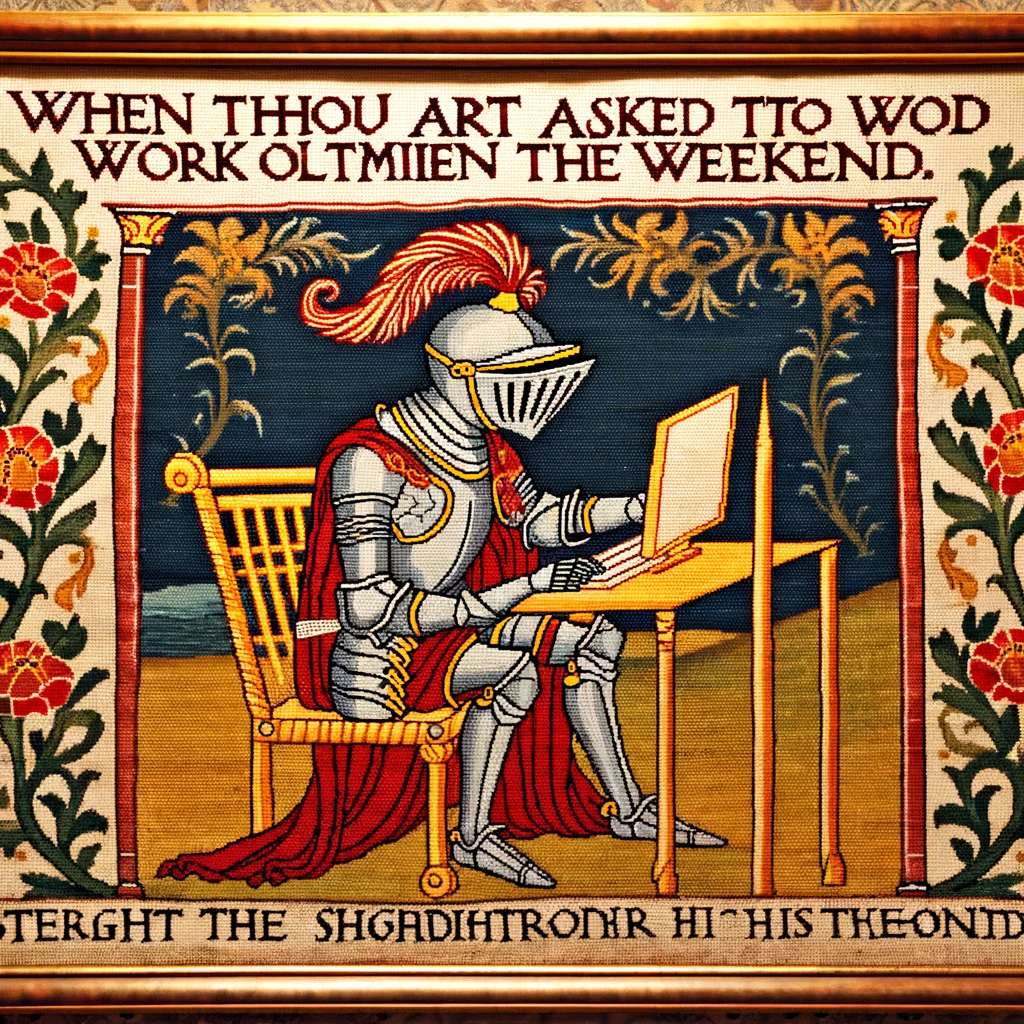 A medieval tapestry depicting a knight in shining armor staring at a computer screen with the caption, "When thou art asked to work overtime on the weekend."