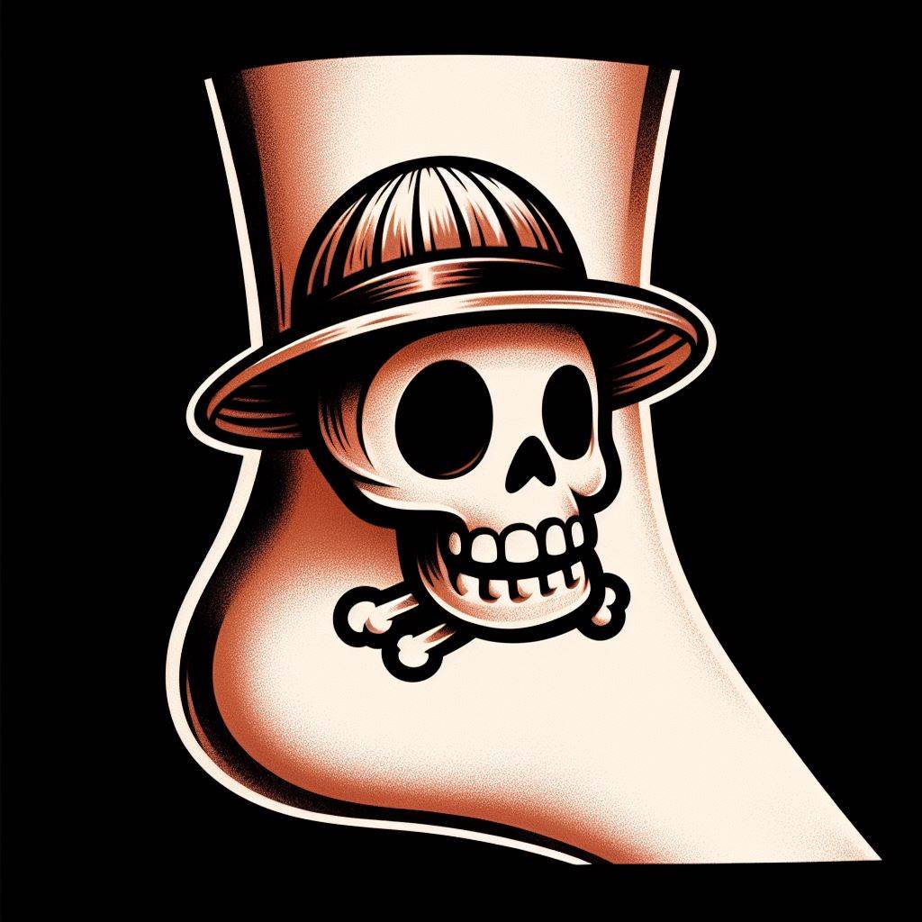 A playful, yet iconic tattoo of the Straw Hat Pirates' Jolly Roger, complete with the straw hat on the skull, wrapped around the ankle. This design celebrates the spirit of adventure and the close bonds of friendship that define the Straw Hat crew.