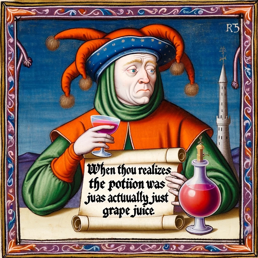 A medieval painting of a jester holding a scroll that reads, "When thou realizes the potion was actually just grape juice."