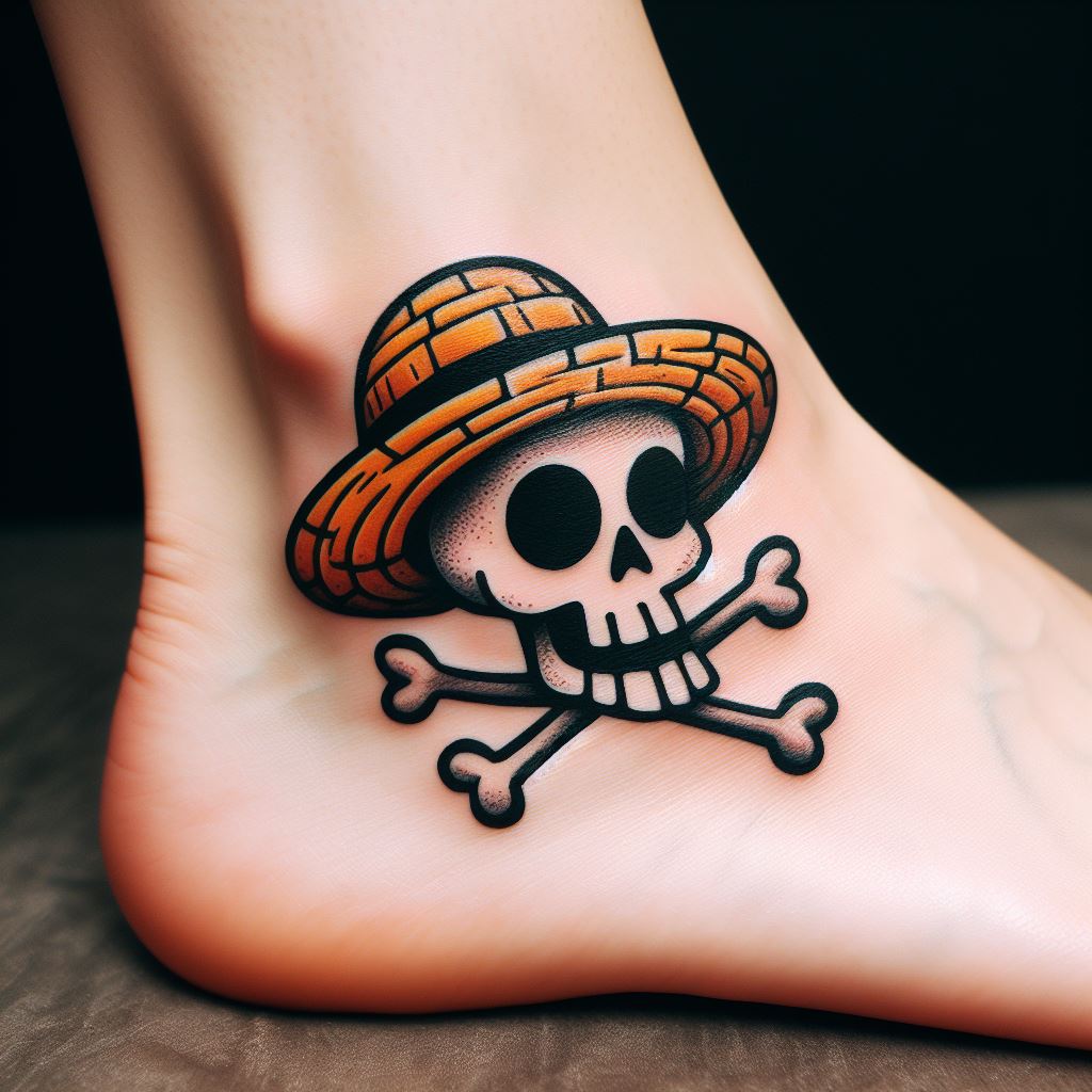 A playful, yet iconic tattoo of the Straw Hat Pirates' Jolly Roger, complete with the straw hat on the skull, wrapped around the ankle. This design celebrates the spirit of adventure and the close bonds of friendship that define the Straw Hat crew.