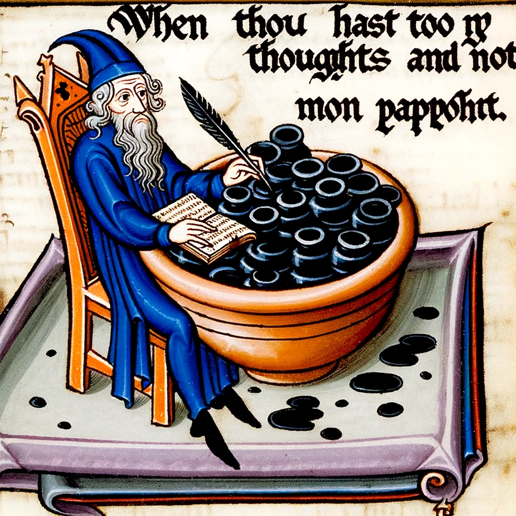 A medieval illustration of a scribe with an overflowing ink pot, captioned, "When thou hast too many thoughts and not enough parchment."