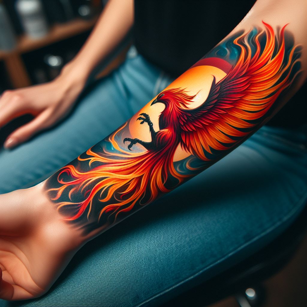 A vibrant phoenix in flight tattooed on a woman's forearm, its flames in shades of orange, red, and yellow, symbolizing rebirth and resilience.