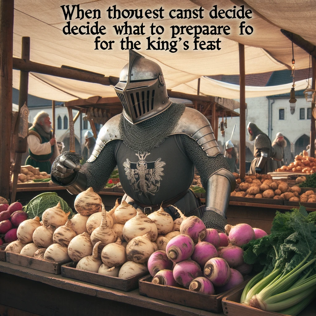 An image of a medieval knight at a market stall, looking perplexed at a turnip, with the caption, "When thou canst not decide what to prepare for the king's feast."
