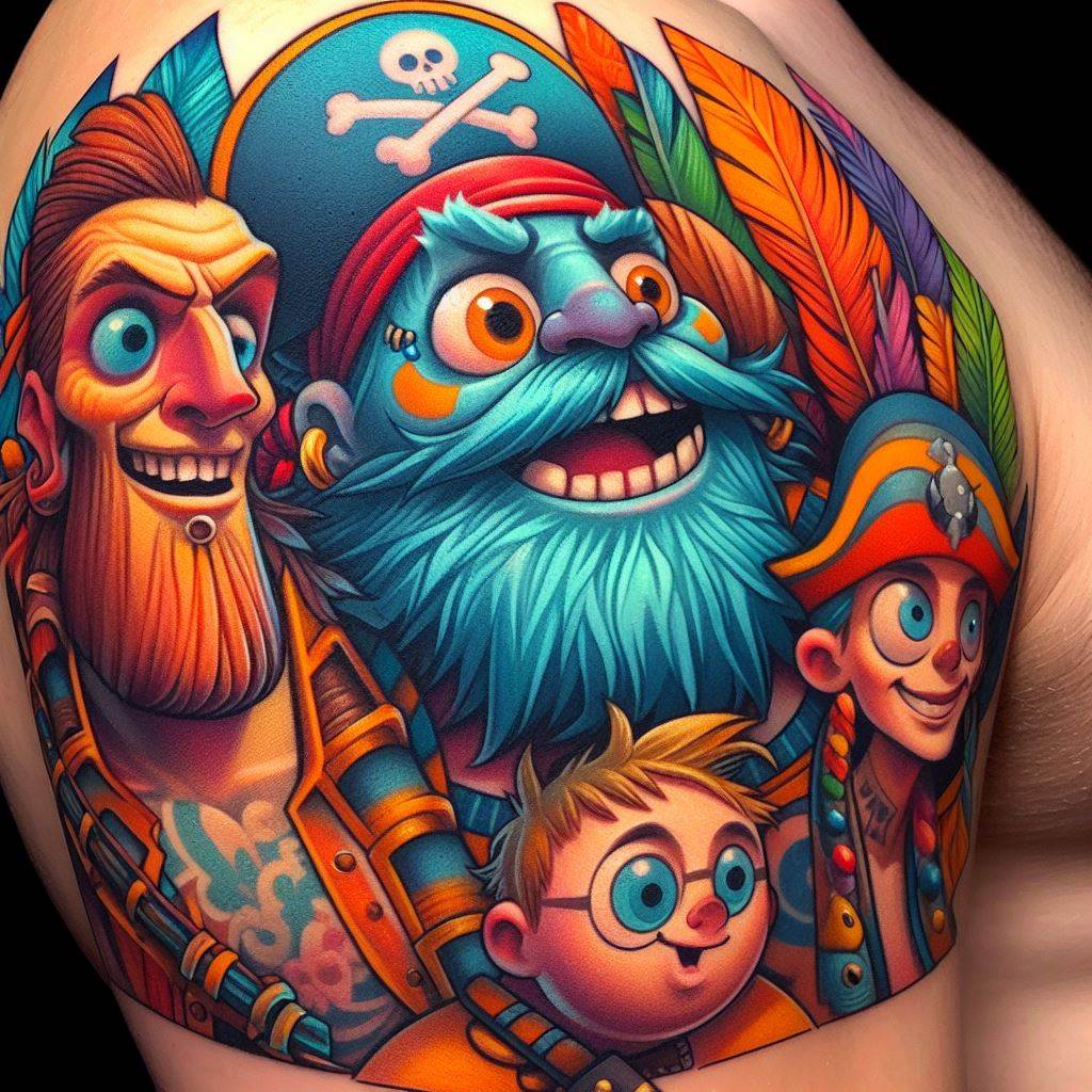 A colorful, whimsical tattoo featuring some of Big Mom's notable homies - Zeus, Prometheus, and Napoleon - along the lower arm. The design should capture the unique personalities of each homie, with vibrant colors and expressions that reflect their roles in the Big Mom Pirates.