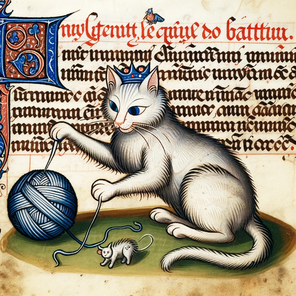 A medieval manuscript illustration of a cat playing with a ball of yarn, with the caption, "The royal feline, preparing for battle."