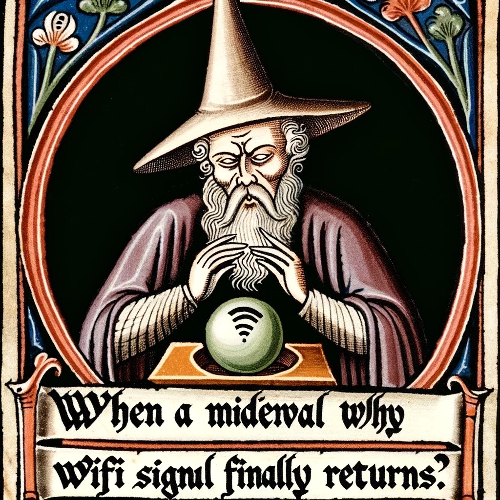 A medieval woodcut of a wizard looking at a crystal ball, captioned, "When thy WiFi signal finally returns."