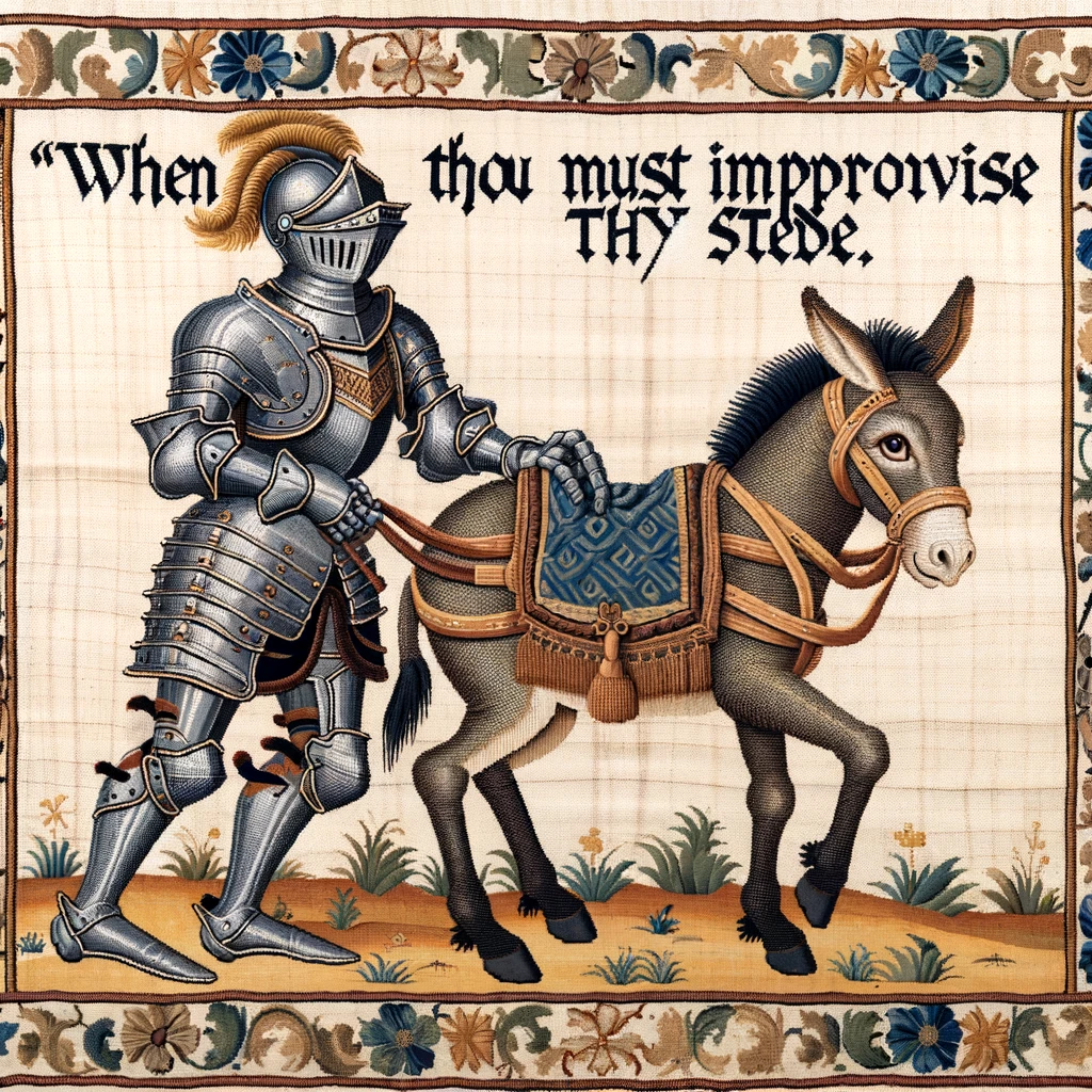 A humorous medieval tapestry scene of a knight in armor trying to mount a small donkey, with the caption, "When thou must improvise thy steed."