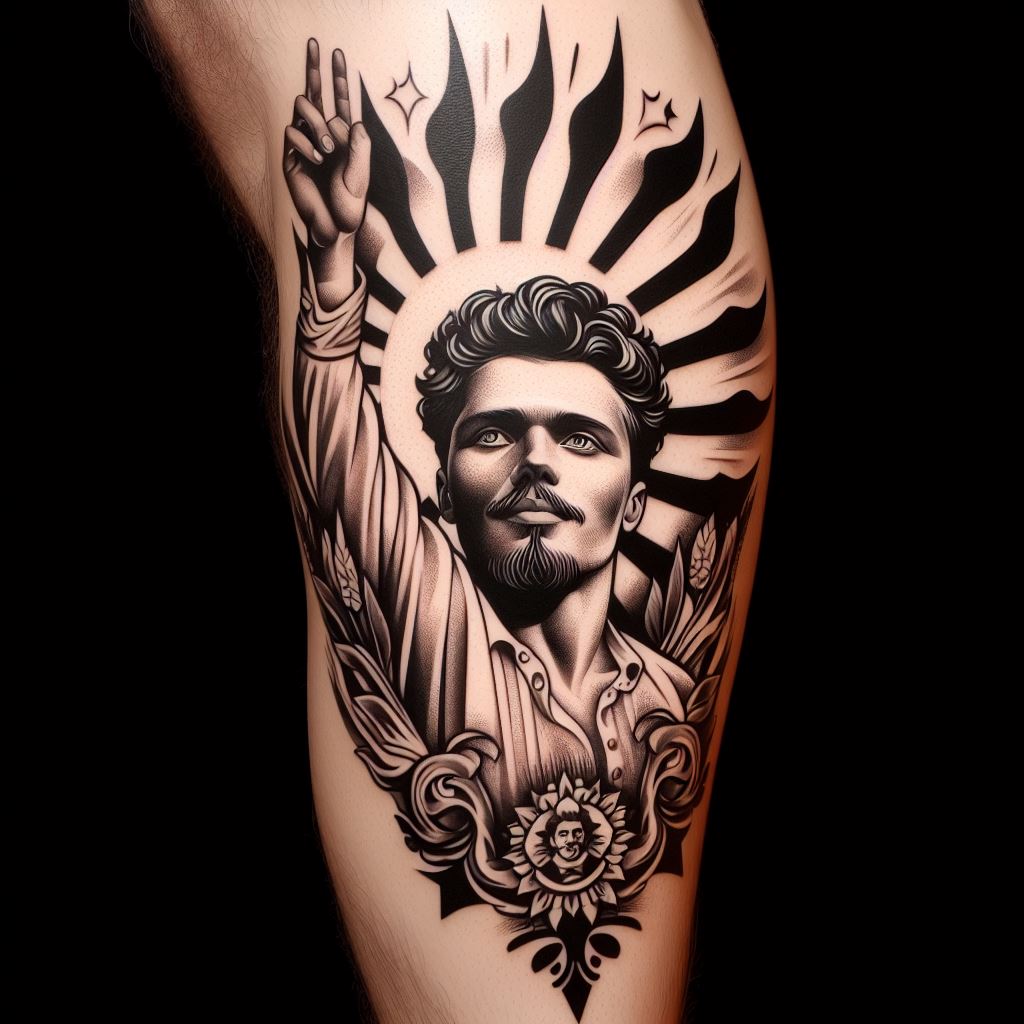 A bold, expressive tattoo of Emporio Ivankov in his flamboyant pose, placed on the calf. The design should embody Ivankov's charismatic and larger-than-life personality, with elements symbolizing his revolutionary ideals and his role as the "Miracle Person."