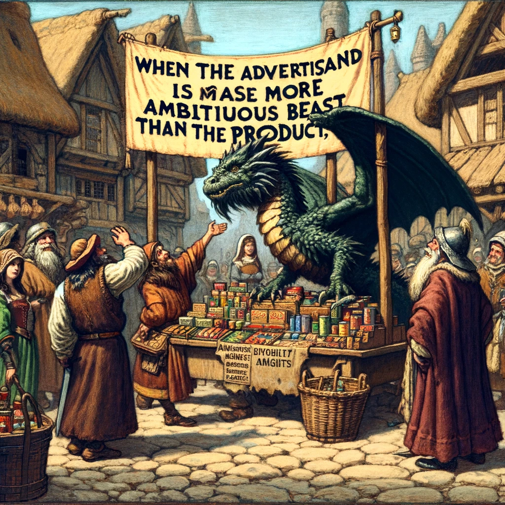 A medieval marketplace scene with a merchant trying to sell a very small dragon as a "mighty beast," captioned, "When the advertisement is more ambitious than the product."