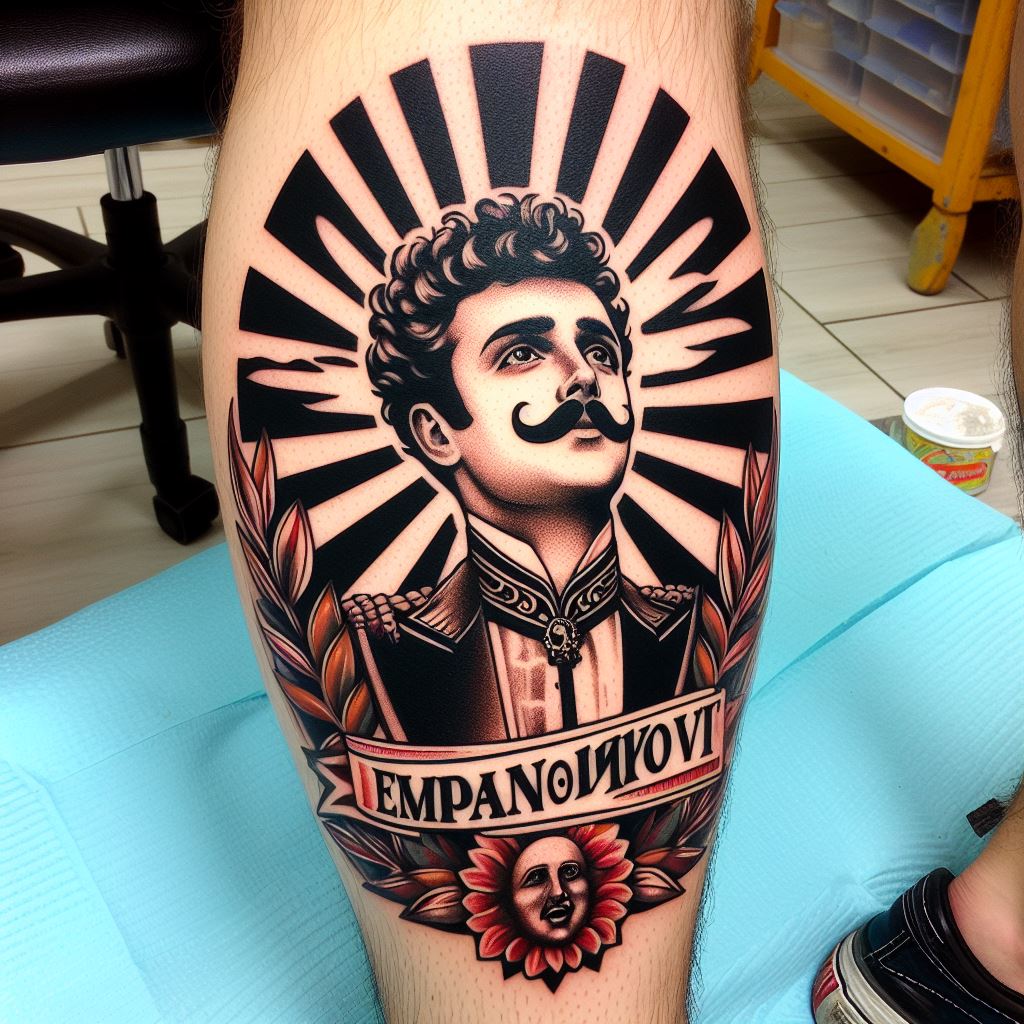 A bold, expressive tattoo of Emporio Ivankov in his flamboyant pose, placed on the calf. The design should embody Ivankov's charismatic and larger-than-life personality, with elements symbolizing his revolutionary ideals and his role as the "Miracle Person."